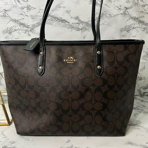 Coach Brown Coated Canvas Large Zippered Tote Bag with Black Strap